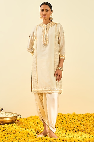 Daisy Ivory Bemberg Satin Dhoti Set For Girls