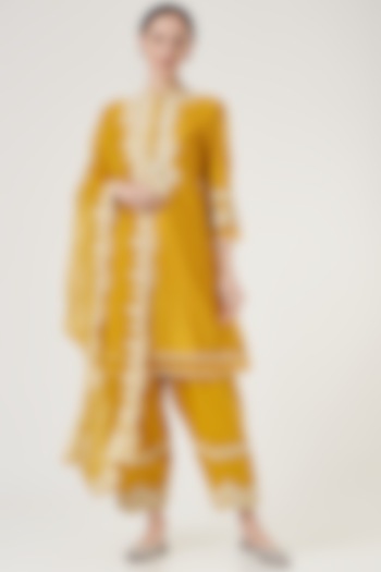 Mustard Silk Chanderi Embroidered Kurta Set For Girls by Sheetal Batra - Kids at Pernia's Pop Up Shop