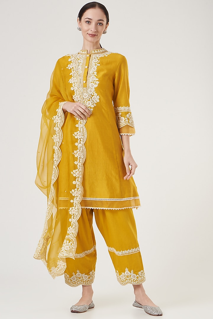 Mustard Silk Chanderi Embroidered Kurta Set For Girls by Sheetal Batra - Kids at Pernia's Pop Up Shop