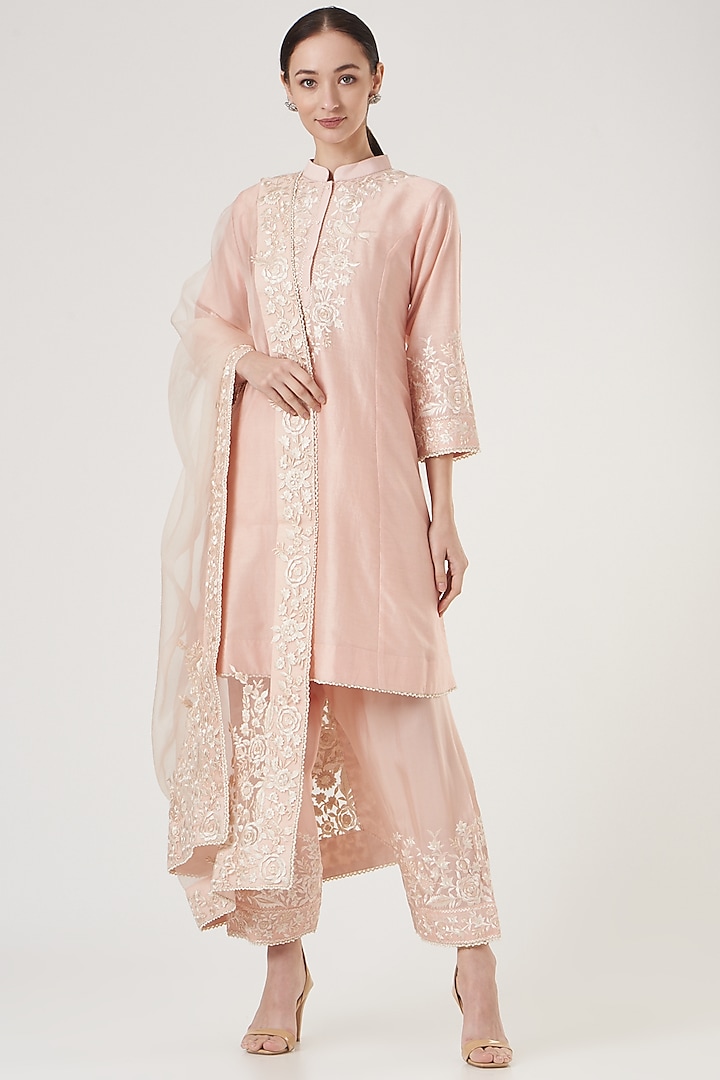 Nude Parsi-Gara Embroidered Kurta Set For Girls by Sheetal Batra - Kids at Pernia's Pop Up Shop