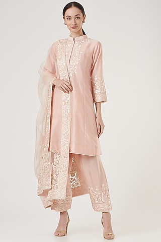 Nude Parsi-Gara Embroidered Kurta Set For Girls by Sheetal Batra - Kids