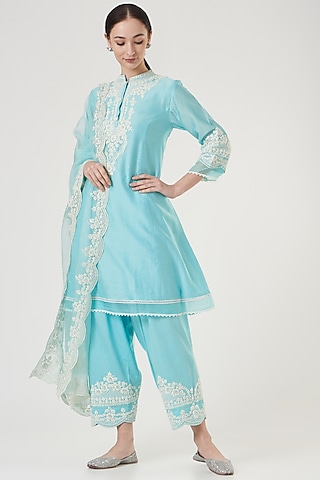 Blue Embroidered Kurta Set For Girls by Sheetal Batra - Kids