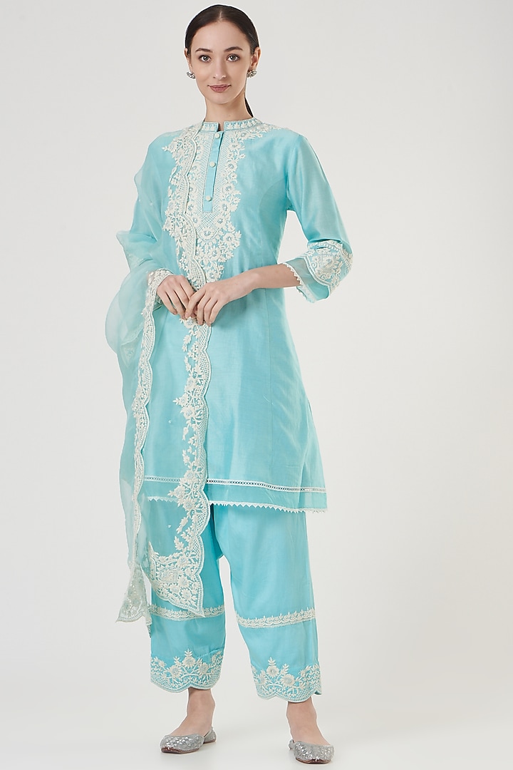 Blue Silk Chanderi Embroidered Kurta Set For Girls by Sheetal Batra - Kids at Pernia's Pop Up Shop