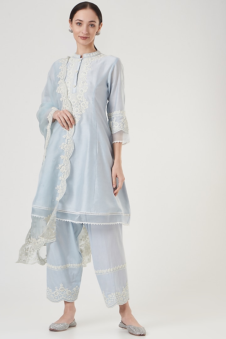 Sky Blue Dori Embroidered Kurta Set For Girls by Sheetal Batra - Kids at Pernia's Pop Up Shop