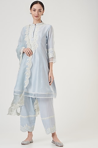 Sky Blue Dori Embroidered Kurta Set For Girls by Sheetal Batra - Kids