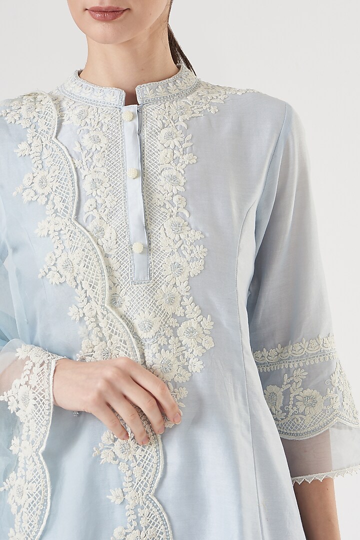Sky Blue Dori Embroidered Kurta Set For Girls by Sheetal Batra - Kids at Pernia's Pop Up Shop