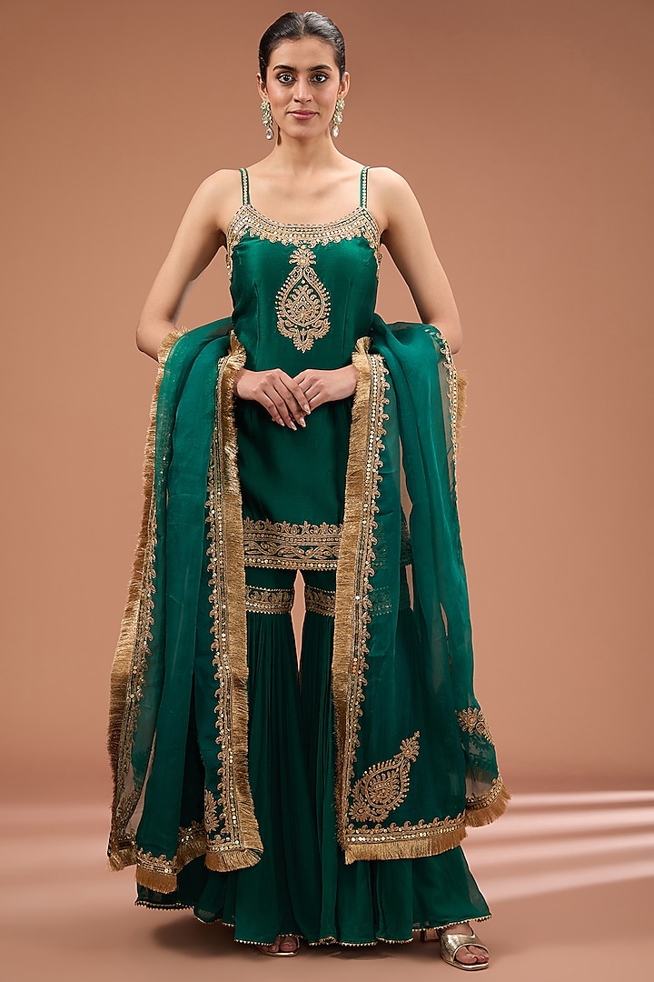 Green Georgette Gharara Set For Girls by Sheetal Batra - Kids at Pernia's Pop Up Shop