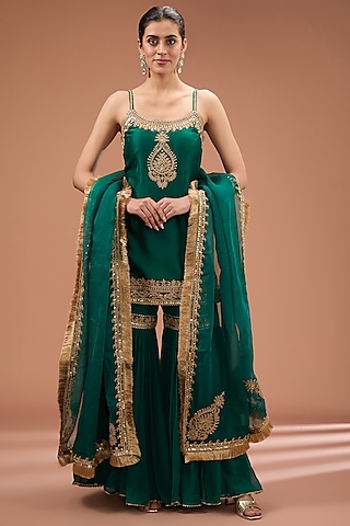 Green Georgette Gharara Set For Girls by Sheetal Batra - Kids