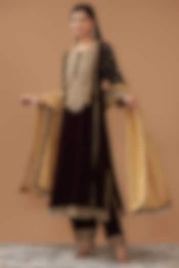 Wine Silk Velvet Hand Embroidered A-Line Kurta Set For Girls by Sheetal Batra - Kids at Pernia's Pop Up Shop