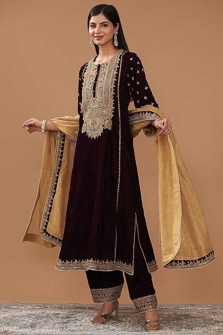 Wine Silk Velvet Hand Embroidered A-Line Kurta Set For Girls by Sheetal Batra - Kids at Pernia's Pop Up Shop