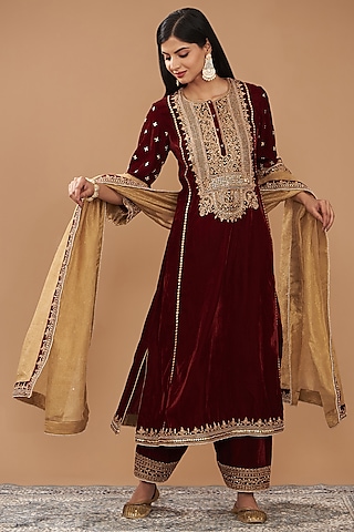 Maroon Silk Velvet Hand Embroidered A-Line Kurta Set For Girls by Sheetal Batra - Kids