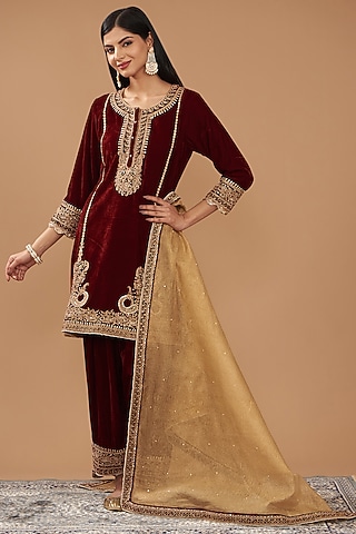 Maroon Silk Velvet Hand Embroidered Short Kurta Set For Girls by Sheetal Batra - Kids