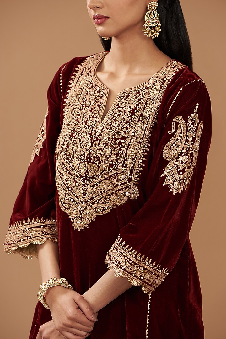 Maroon Silk Velvet Hand Embroidered Choga Kurta Set For Girls by Sheetal Batra - Kids at Pernia's Pop Up Shop
