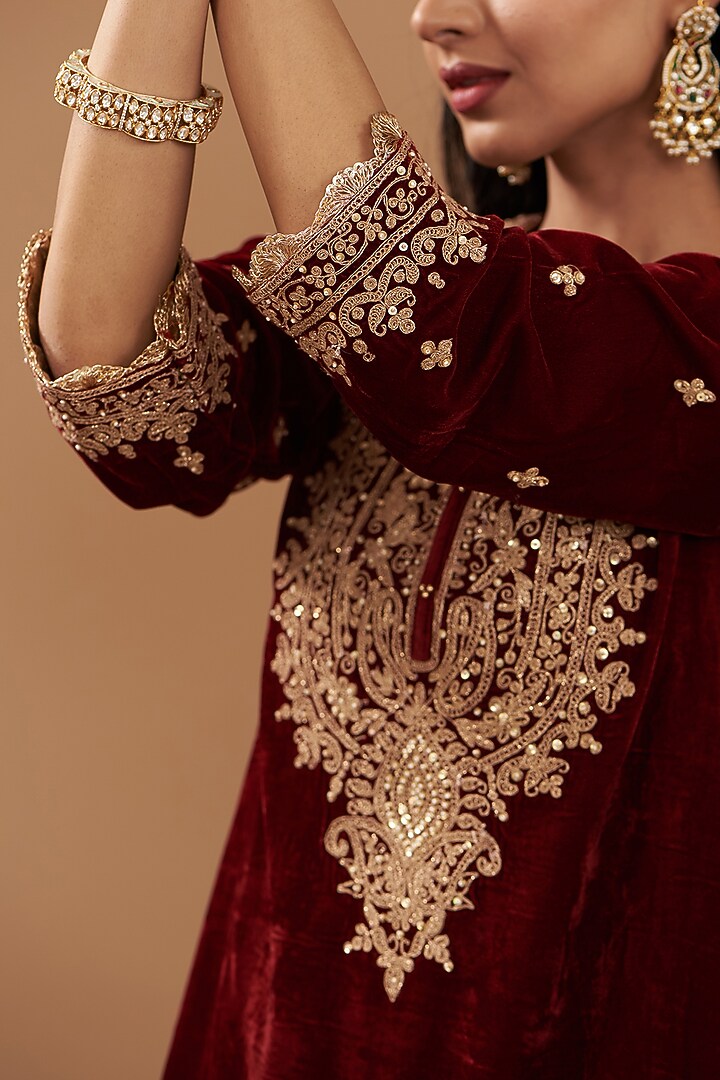 Maroon Silk Velvet Hand Embroidered Straight Kurta Set For Girls by Sheetal Batra - Kids at Pernia's Pop Up Shop