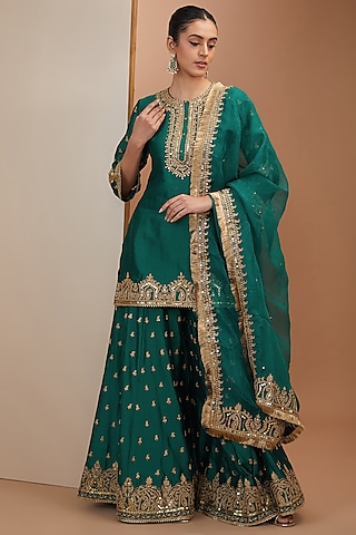 Green Silk Chanderi Dori Embroidered Sharara Set For Girls by Sheetal Batra - Kids