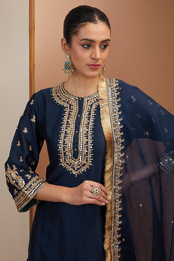 Blue Silk Chanderi Dori Embroidered Sharara Set For Girls by Sheetal Batra - Kids at Pernia's Pop Up Shop