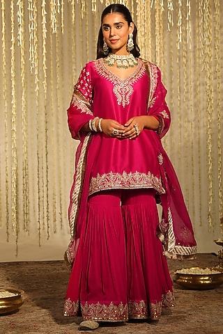 Hot Pink Georgette Gharara Set For Girls by Sheetal Batra - Kids
