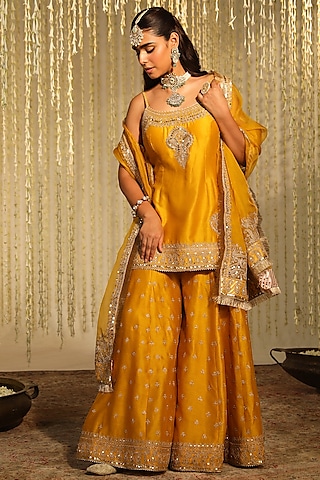 Mustard Pure Silk Chanderi Boota Embroidered Sharara Set For Girls by Sheetal Batra - Kids