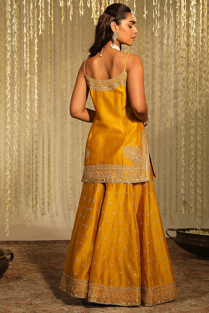 Mustard Pure Silk Chanderi Boota Embroidered Sharara Set For Girls by Sheetal Batra - Kids at Pernia's Pop Up Shop