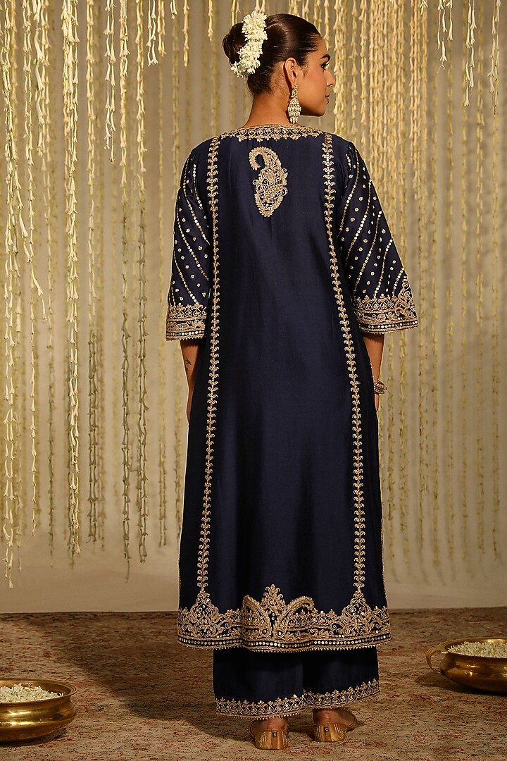 Deep Blue Pure Silk Chanderi Dori Embroidered A-Line Kurta Set For Girls by Sheetal Batra - Kids at Pernia's Pop Up Shop