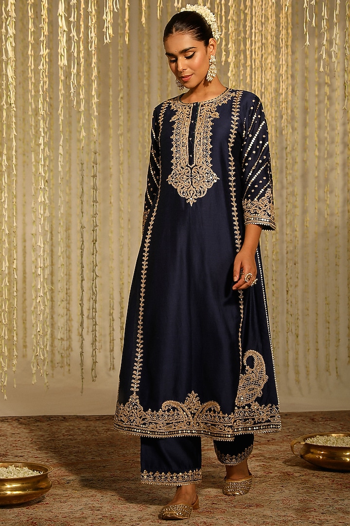 Deep Blue Pure Silk Chanderi Dori Embroidered A-Line Kurta Set For Girls by Sheetal Batra - Kids at Pernia's Pop Up Shop
