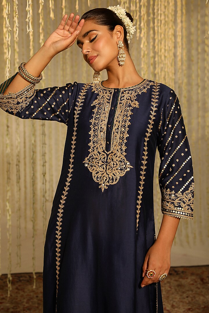 Deep Blue Pure Silk Chanderi Dori Embroidered A-Line Kurta Set For Girls by Sheetal Batra - Kids at Pernia's Pop Up Shop