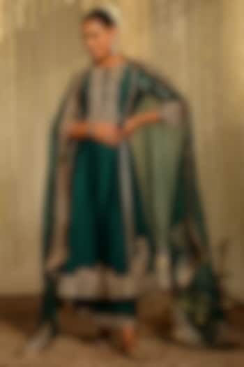 Emerald Green Pure Silk Chanderi Dori Embroidered A-Line Kurta Set For Girls by Sheetal Batra - Kids at Pernia's Pop Up Shop