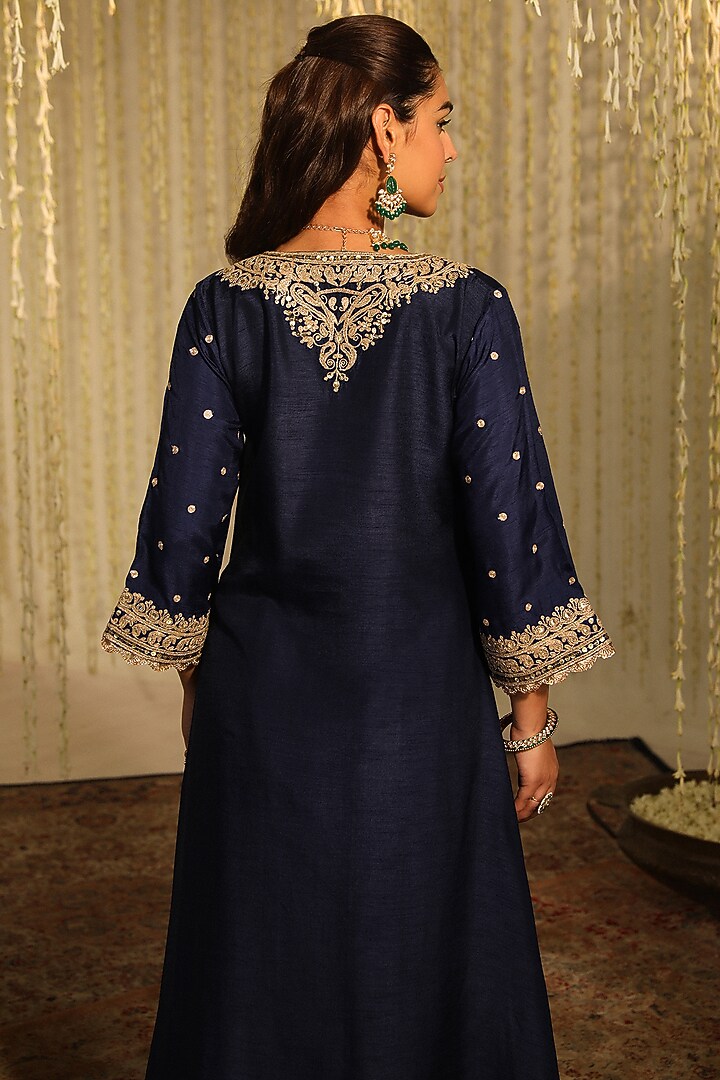 Deep Blue Pure Silk Dori Embroidered Kaftan Set For Girls by Sheetal Batra - Kids at Pernia's Pop Up Shop