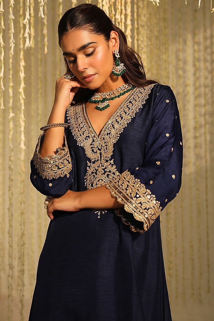 Deep Blue Pure Silk Dori Embroidered Kaftan Set For Girls by Sheetal Batra - Kids at Pernia's Pop Up Shop