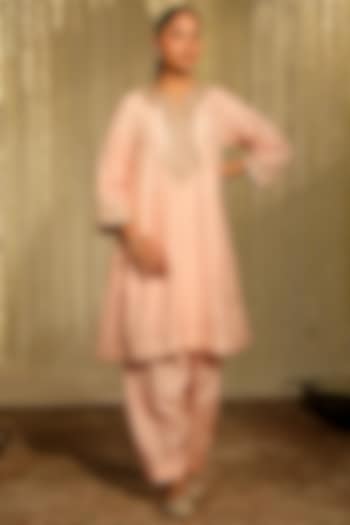 Rose Pink Pure Silk Dori Embroidered Kurta Set For Girls by Sheetal Batra - Kids at Pernia's Pop Up Shop