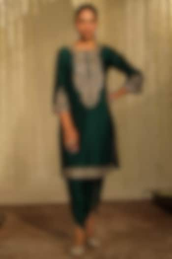 Emerald Green Bamberg Satin Dhoti Set For Girls by Sheetal Batra - Kids at Pernia's Pop Up Shop