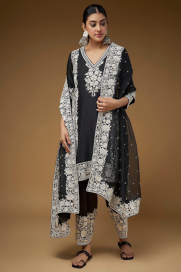 Black Silk Chanderi Pearl Embroidered Kurta Set For Girls by Sheetal Batra - Kids