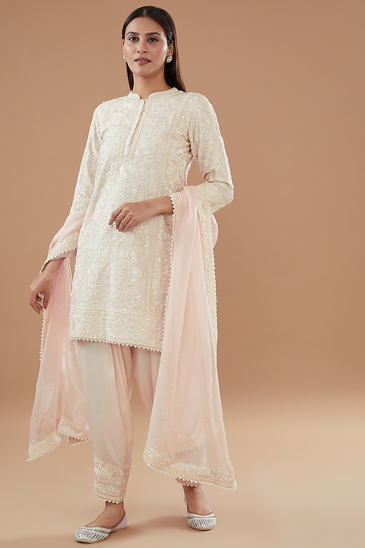 Pink Pure Chanderi Silk Resham Embroidered Kurta Set For Girls by Sheetal Batra - Kids at Pernia's Pop Up Shop