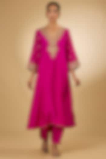 Hot Pink Silk Dupion Sitara Embroidered Kurta Set For Girls by Sheetal Batra - Kids at Pernia's Pop Up Shop