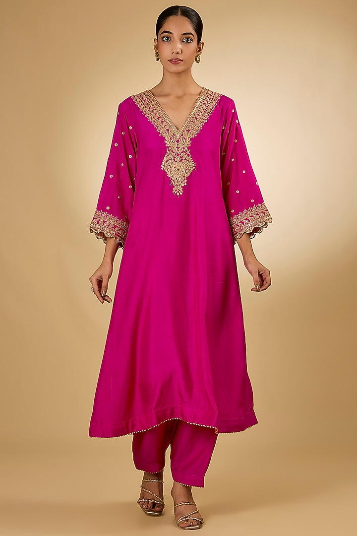 Hot Pink Silk Dupion Sitara Embroidered Kurta Set For Girls by Sheetal Batra - Kids at Pernia's Pop Up Shop