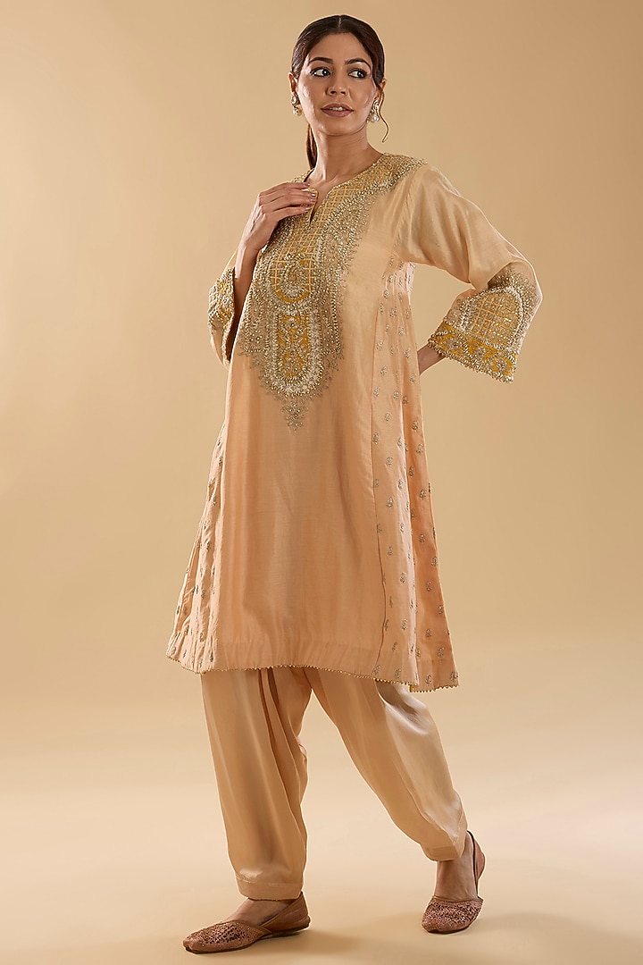 Rose Pink Silk Chanderi Kashmiri Tilla Embroidered Kurta Set For Girls by Sheetal Batra - Kids at Pernia's Pop Up Shop