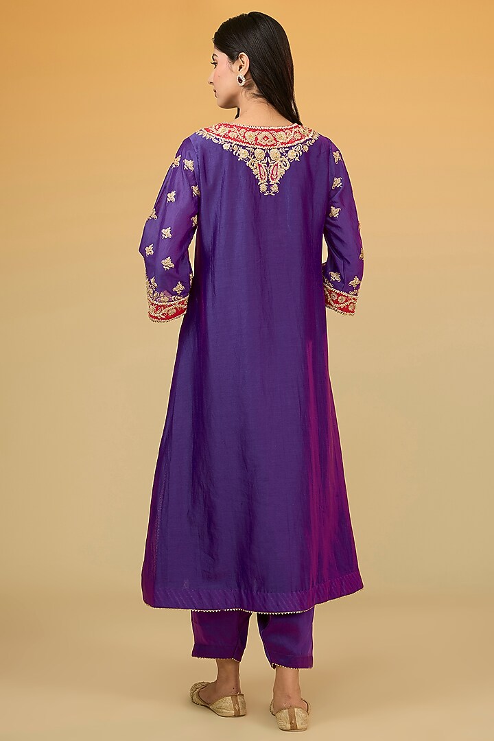 Purple Silk Chanderi Banarasi Hand Embroidered Kurta Set For Girls by Sheetal Batra - Kids at Pernia's Pop Up Shop