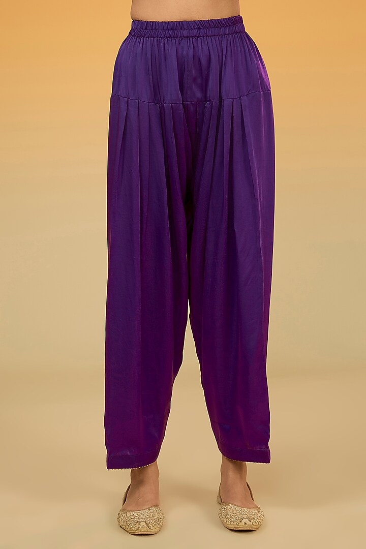 Purple Silk Chanderi Banarasi Hand Embroidered Kurta Set For Girls by Sheetal Batra - Kids at Pernia's Pop Up Shop