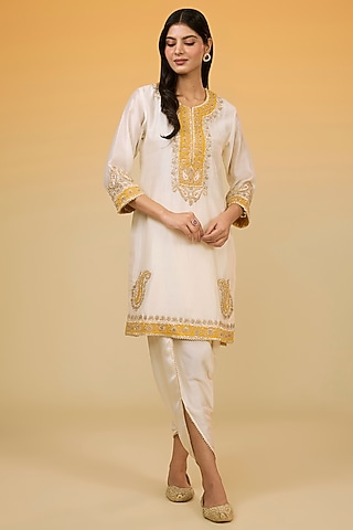 White Silk Chanderi Hand Embroidered Kurta Set For Girls by Sheetal Batra - Kids