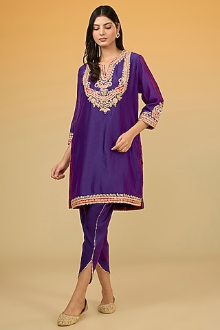 Purple Silk Chanderi Hand Embroidered Kurta Set For Girls by Sheetal Batra - Kids