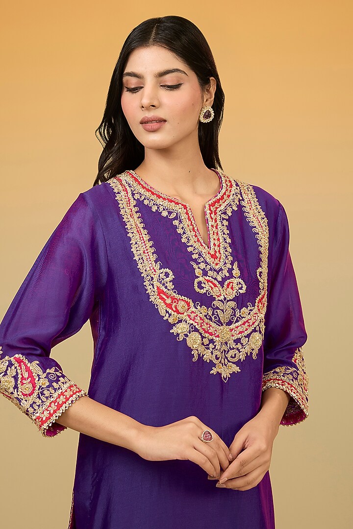 Purple Silk Chanderi Hand Embroidered Kurta Set For Girls by Sheetal Batra - Kids at Pernia's Pop Up Shop