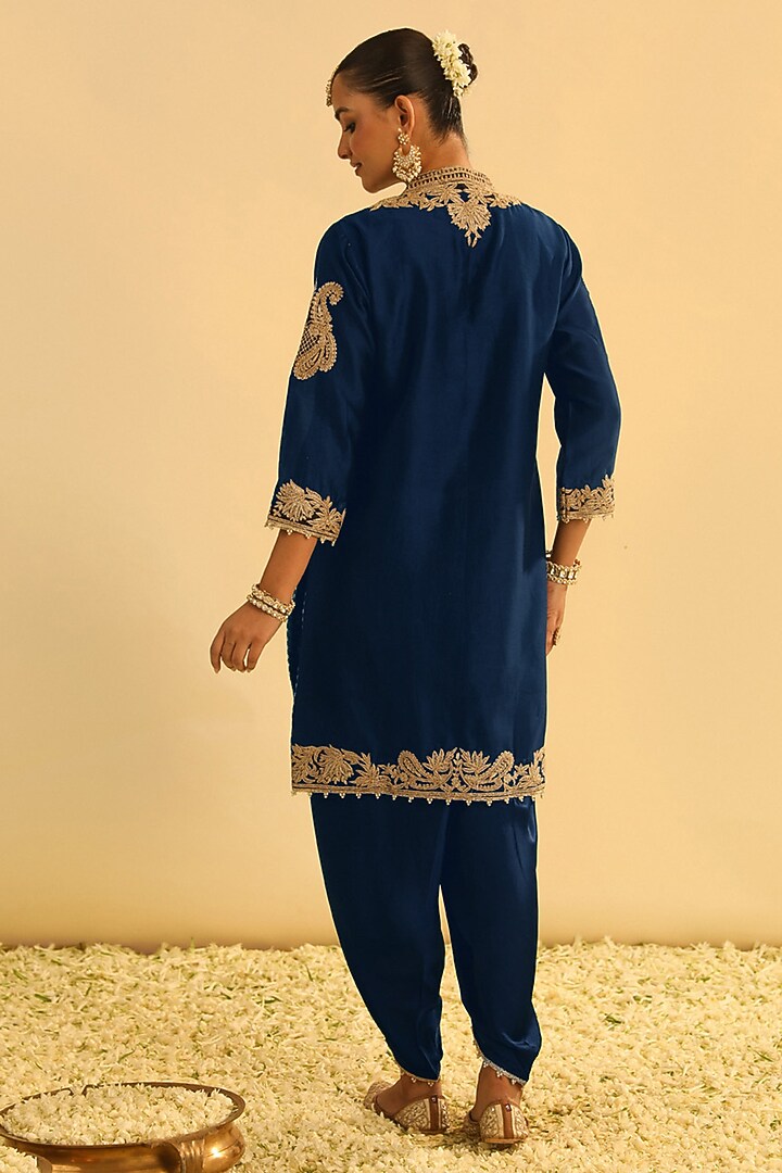 Deep Blue Chanderi Silk Embroidered Kurta Set For Girls by Sheetal Batra - Kids at Pernia's Pop Up Shop