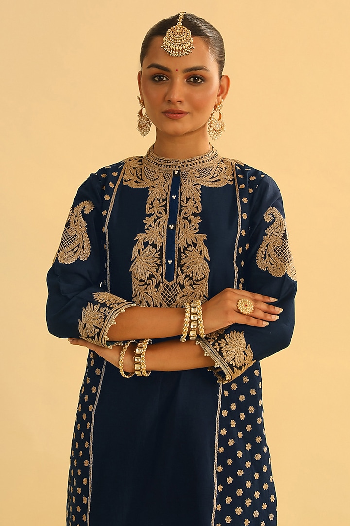 Deep Blue Chanderi Silk Embroidered Kurta Set For Girls by Sheetal Batra - Kids at Pernia's Pop Up Shop