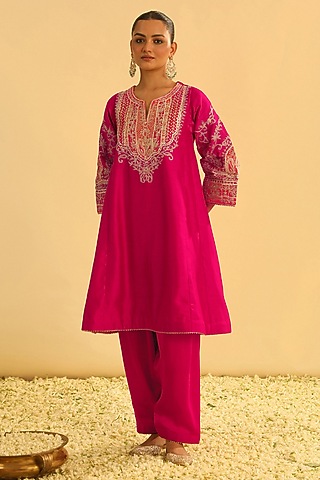 Hot Pink Pure Silk Chanderi Embroidered Kurta Set For Girls by Sheetal Batra - Kids