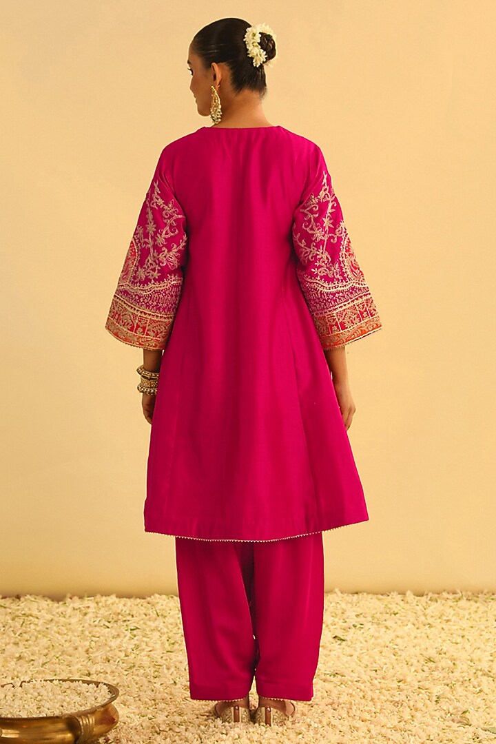 Hot Pink Pure Silk Chanderi Embroidered Kurta Set For Girls by Sheetal Batra - Kids at Pernia's Pop Up Shop