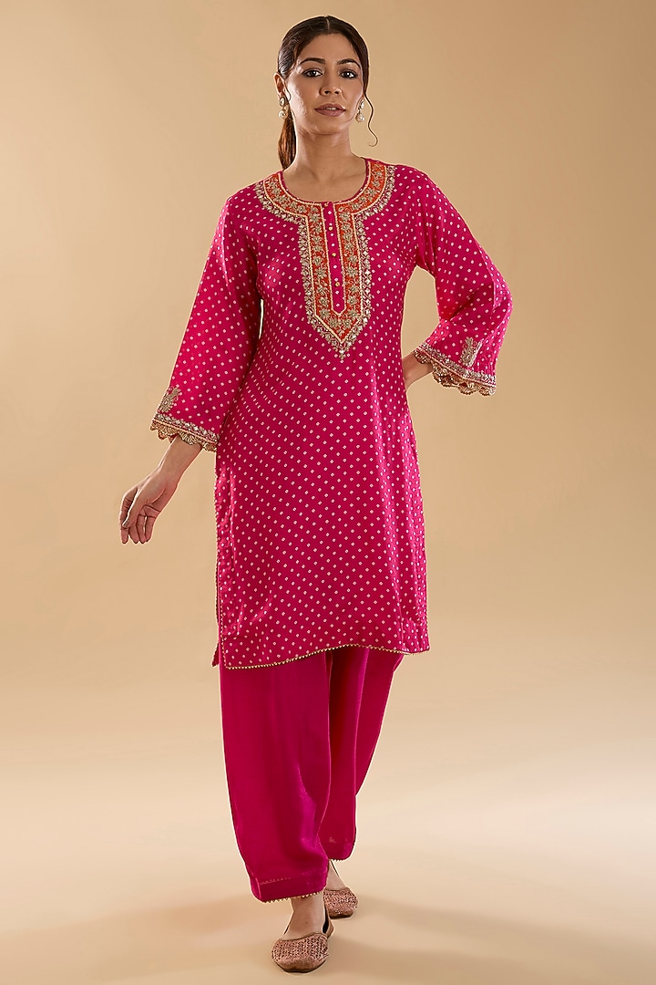 Hot Pink Upada Silk Kashmiri Tilla Embroidered Kurta Set For Girls by Sheetal Batra - Kids at Pernia's Pop Up Shop
