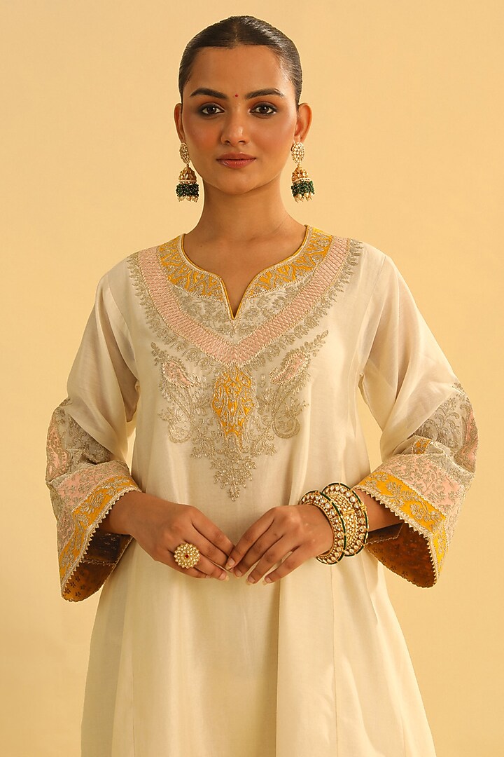 Daisy Ivory Pure Silk Chanderi Embroidered Kurta Set For Girls by Sheetal Batra - Kids at Pernia's Pop Up Shop