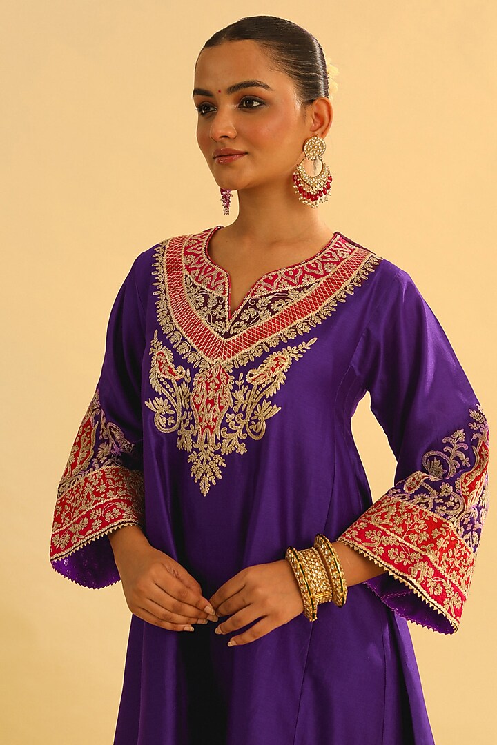 Deep Purple Pure Silk Chanderi Embroidered Kurta Set For Girls by Sheetal Batra - Kids at Pernia's Pop Up Shop