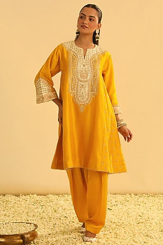 Mustard Silk Chanderi Embroidered Kurta Set For Girls by Sheetal Batra - Kids