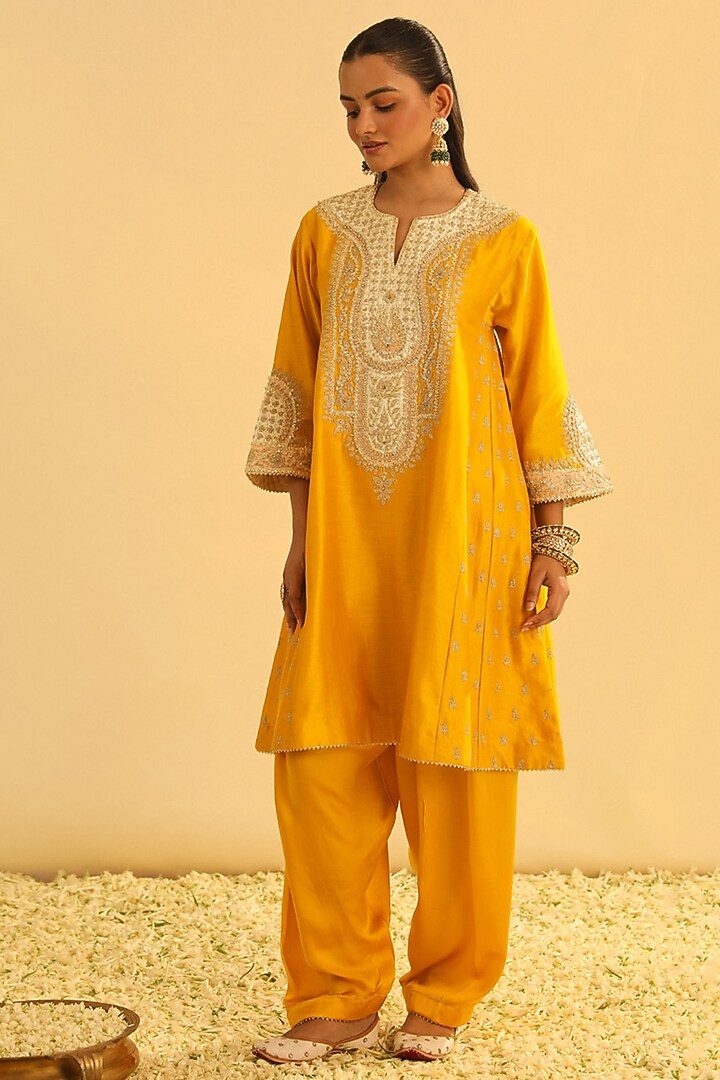 Mustard Silk Chanderi Embroidered Kurta Set For Girls by Sheetal Batra - Kids at Pernia's Pop Up Shop